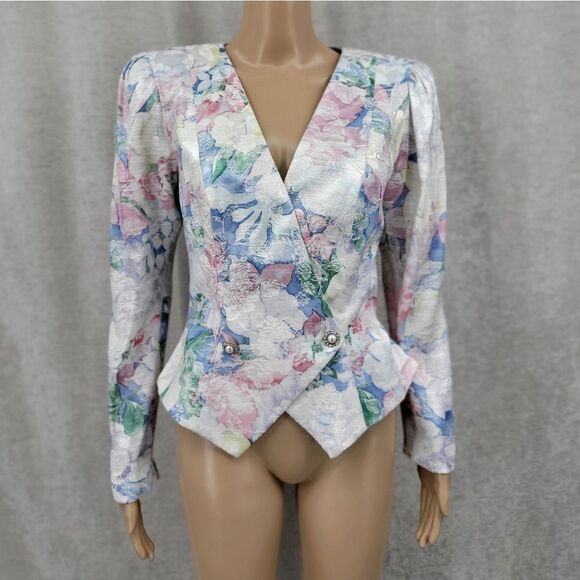 Ann Hobbs Vintage 80s Pastel Floral Tapestry Hourglass Peplum Blazer - Picture 2 of 15